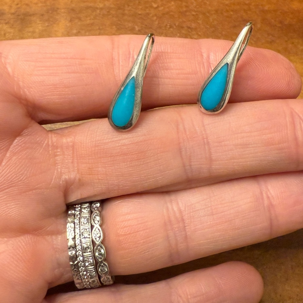 Antique Vintage Sterling Silver Teardrop Earrings with Turquoise Stone.